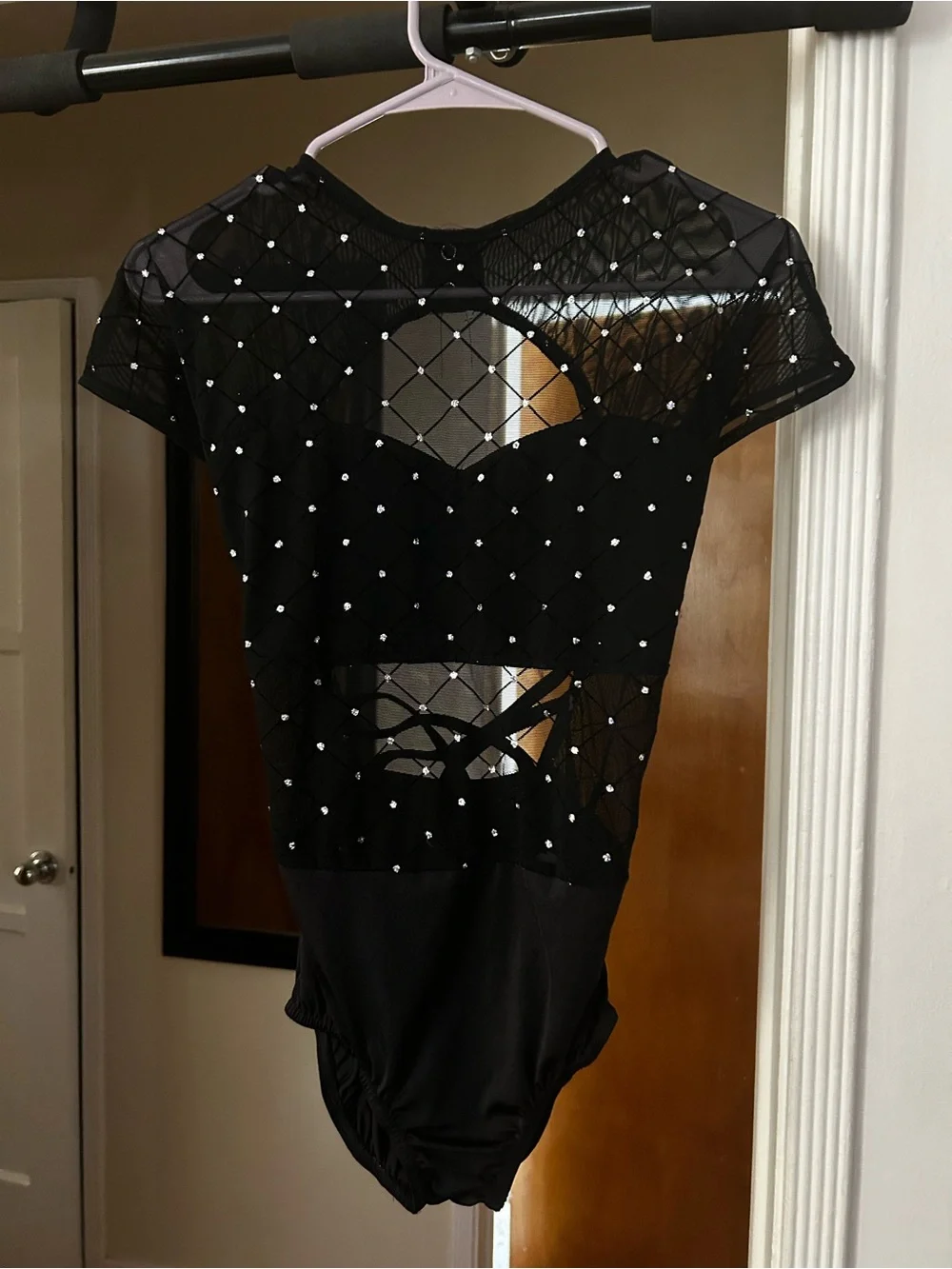Kelle Black Jazz Rhinestoned Embellished Mesh Leotard. Size SA